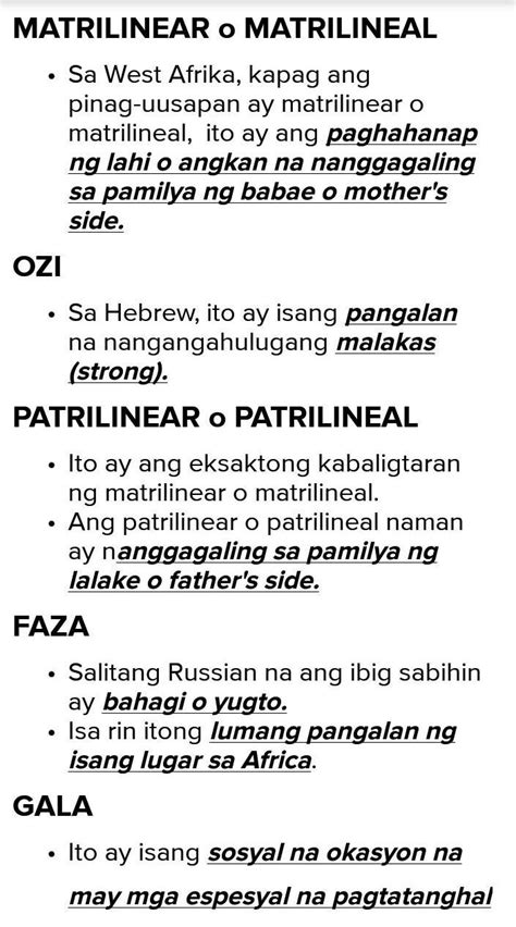 ano ang kahulugan ng matrilinear, ozi, patrilinear, faza,.